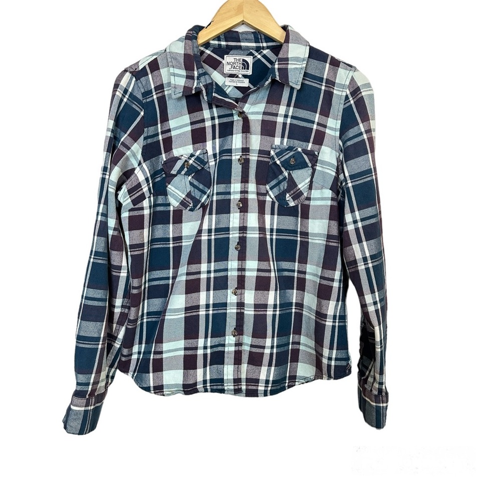 The North Face Plaid Flannel Shirt Button-down‎ Roll-up Sleeves Women’s Sz Large